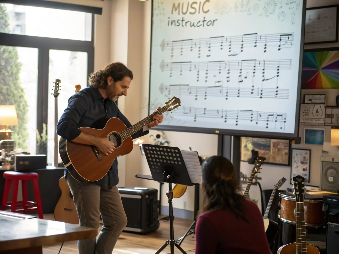 An engaging image of students participating in a harpeguitar master class, receiving personalized instruction from a master musician.