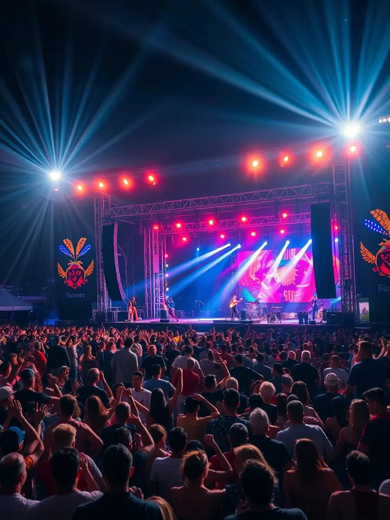 A vibrant image of the annual Harpeguitar Festival, showcasing musicians performing on stage with a diverse audience enjoying the music.
