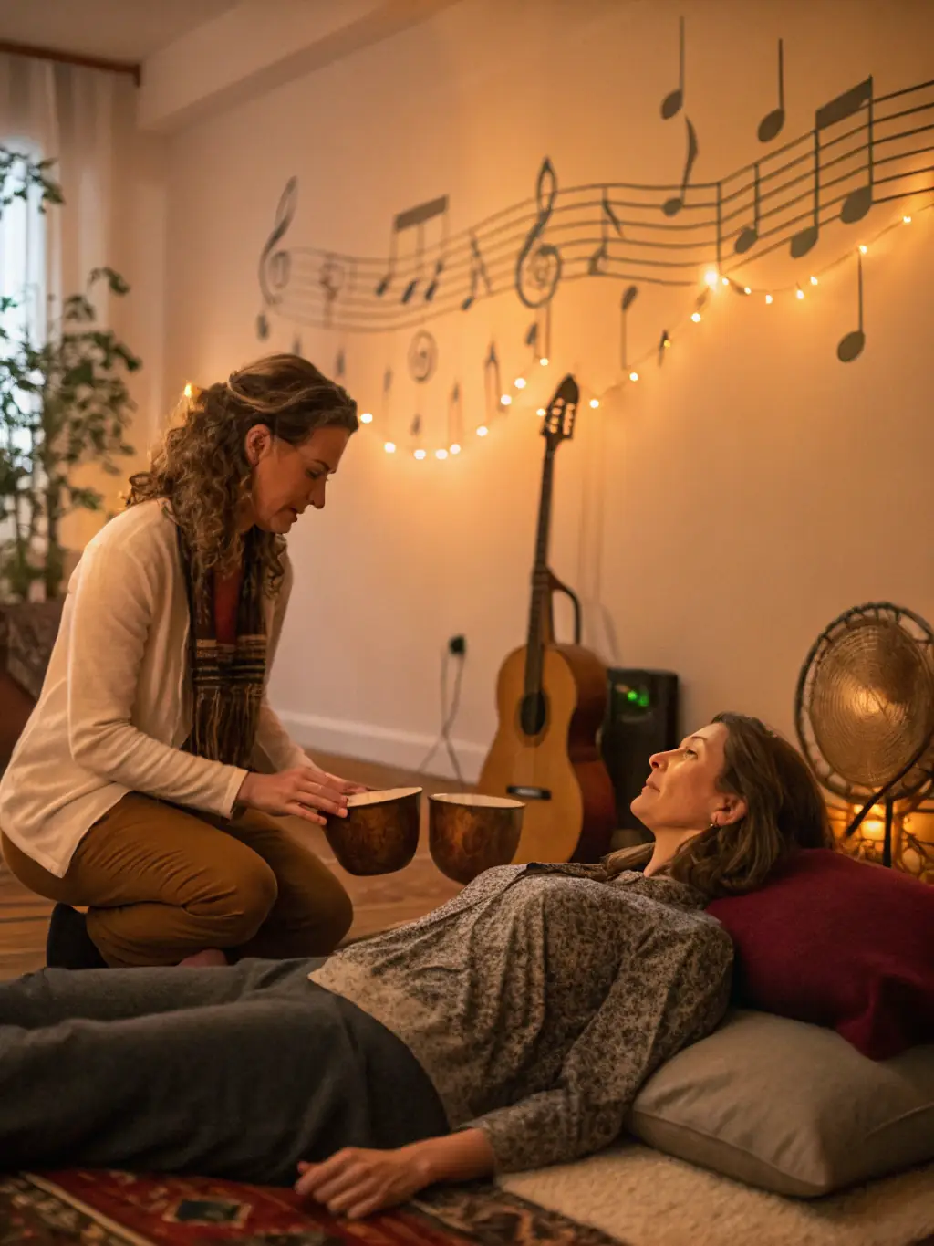 A serene image of a music therapy session, with a therapist using the harpeguitar to help patients relax and express themselves.