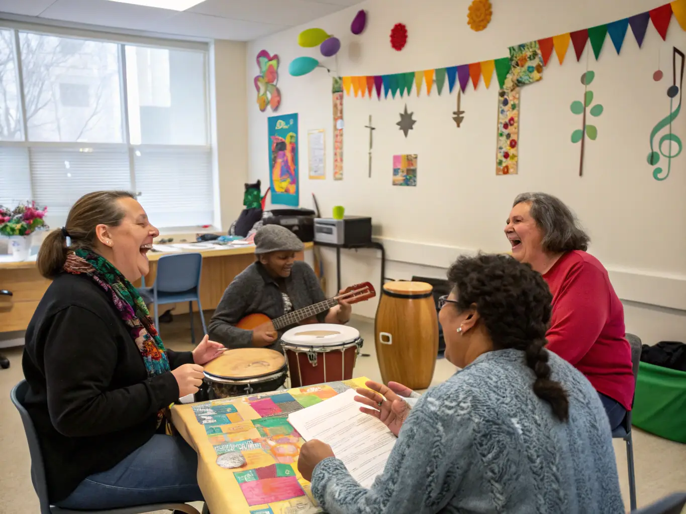 A serene image of a music therapist guiding a group of participants through a therapeutic music session with harpeguitars.