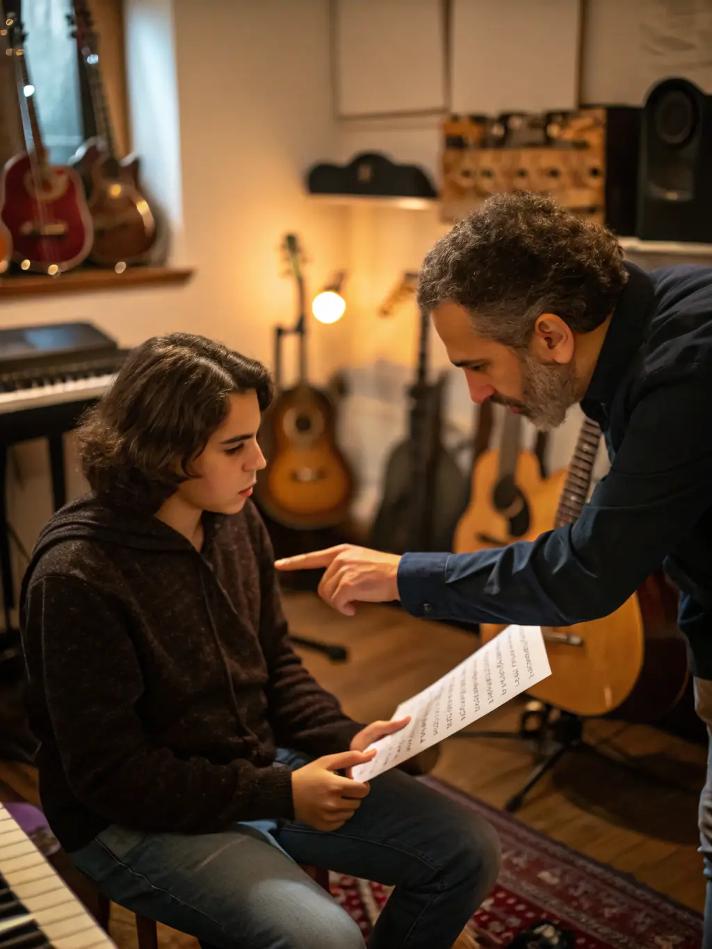 A focused shot of a master class session, with a renowned harpeguitar player guiding students through advanced techniques.