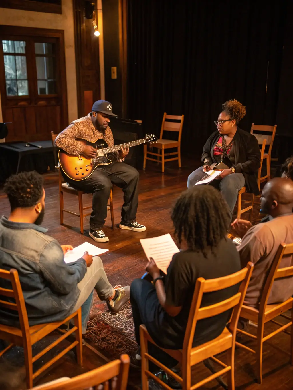A collaborative workshop scene, showing participants learning to play the harpeguitar together in a relaxed and supportive environment.